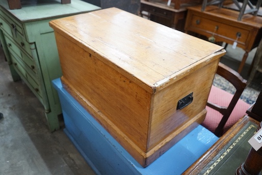 Two Victorian painted and stripped pine trunks, larger length 108cm, depth 48cm, height 54cm